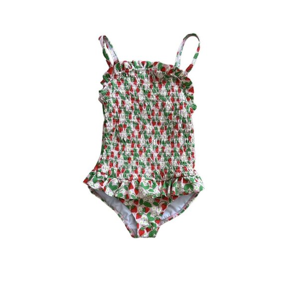 Ruched & Ruffled Strawberry Print Swimsuit Red/Pink 4-5Y - Picture 1 of 6